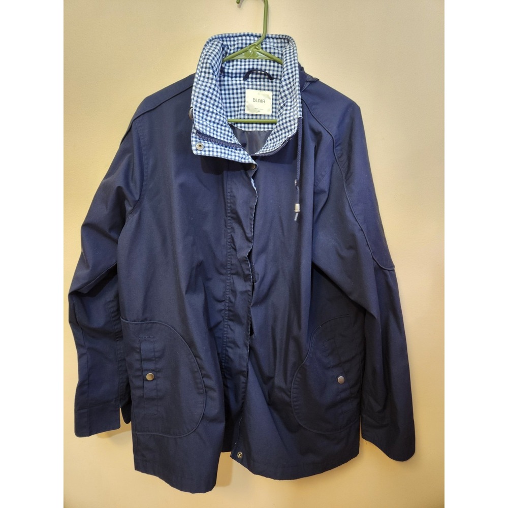 BLAIR Jacket Coat w/Hidden Hood; Blend Full Zipper; Pockets; Navy, Checks SZ XL